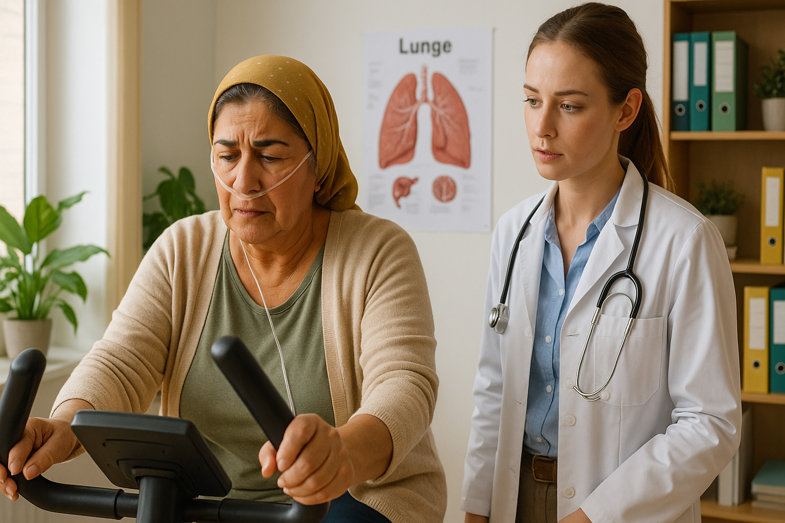 Frau sitzt auf einem Fahrrad-Ergometer für den Lungenbelastungstest, eine Ärztin beobachtet sie dabei