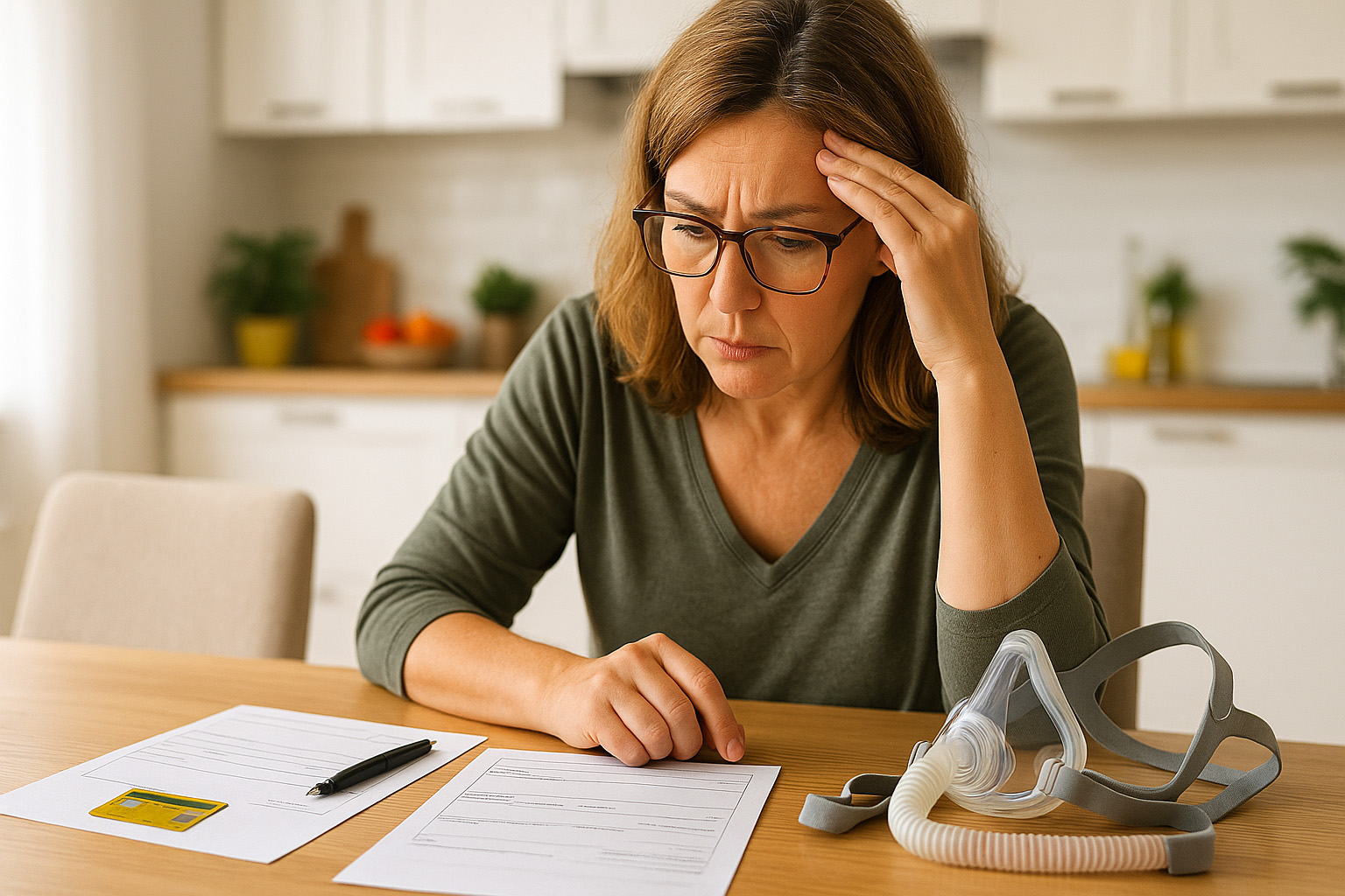 Frau liest sich ein Formular zum Versorgerwechsel durch, neben ihr liegt ihre Beatmungsmaske