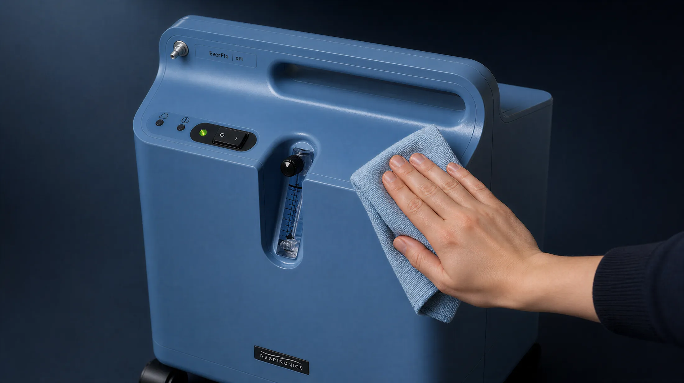 Hand reinigt das Gehäuse des Philips EverFlo mit einem weichen Tuch