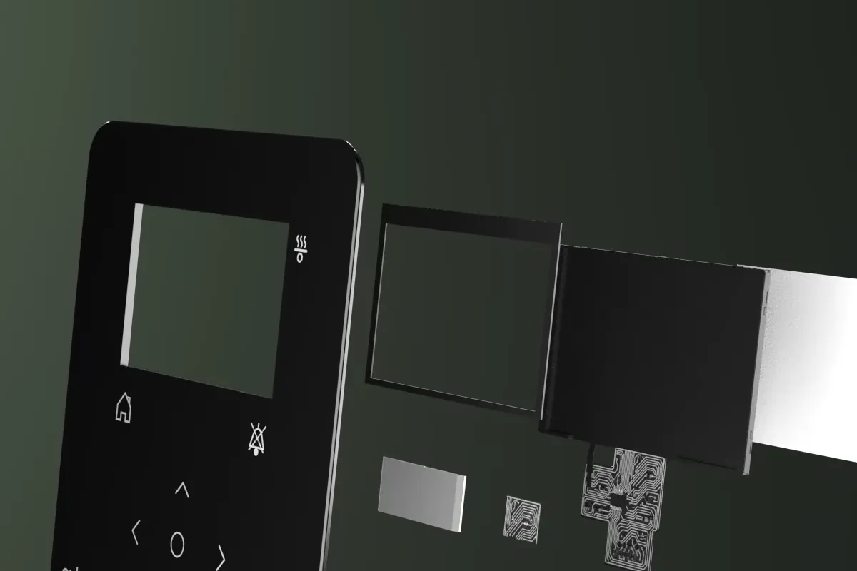 Explosionsansicht des Bedienfelds von eva mit Frontblende, Display und Platinen