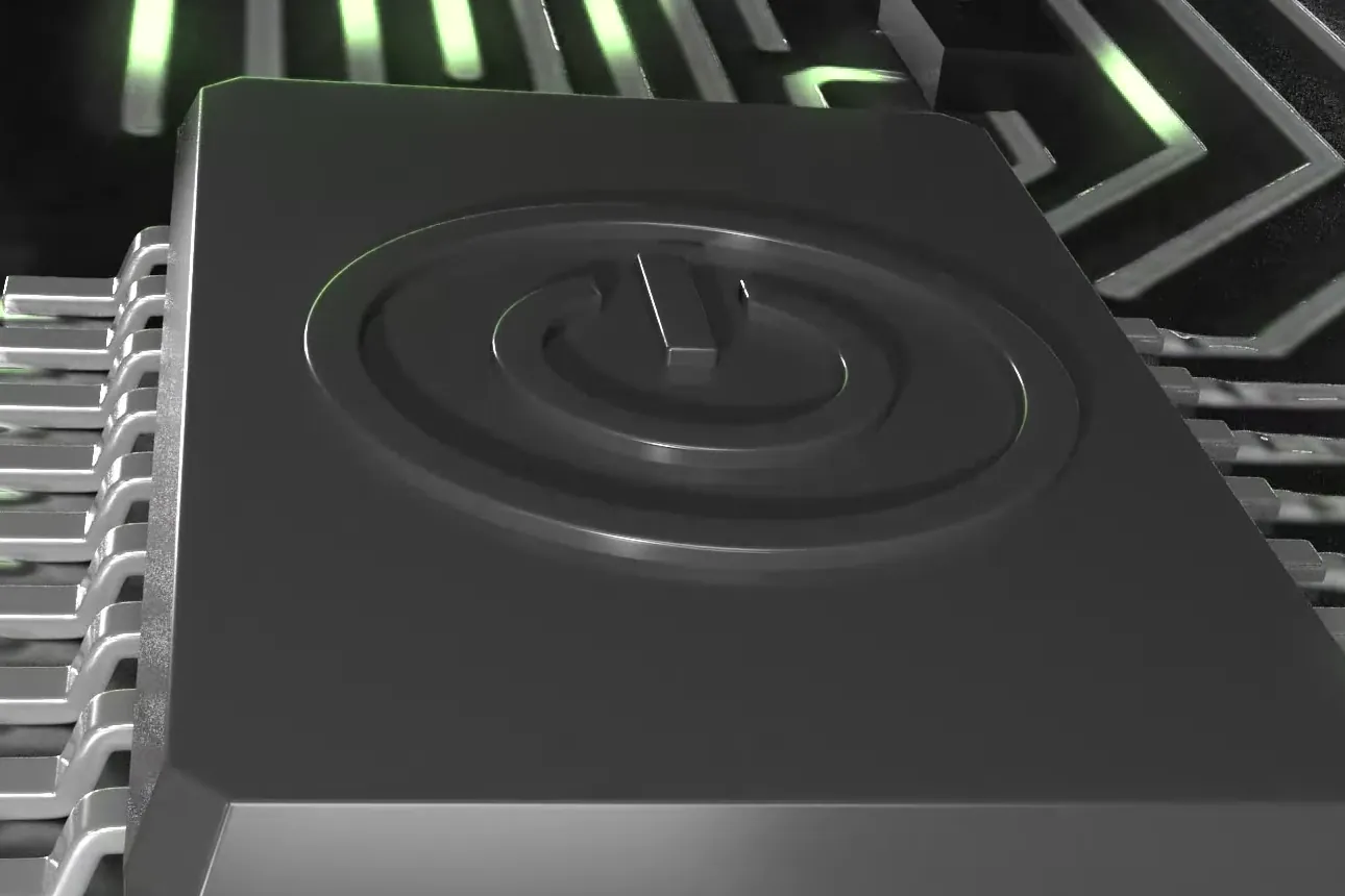 Chip auf der Platine des Beatmungsgeräts eva mit grün leuchtenden Leiterbahnen