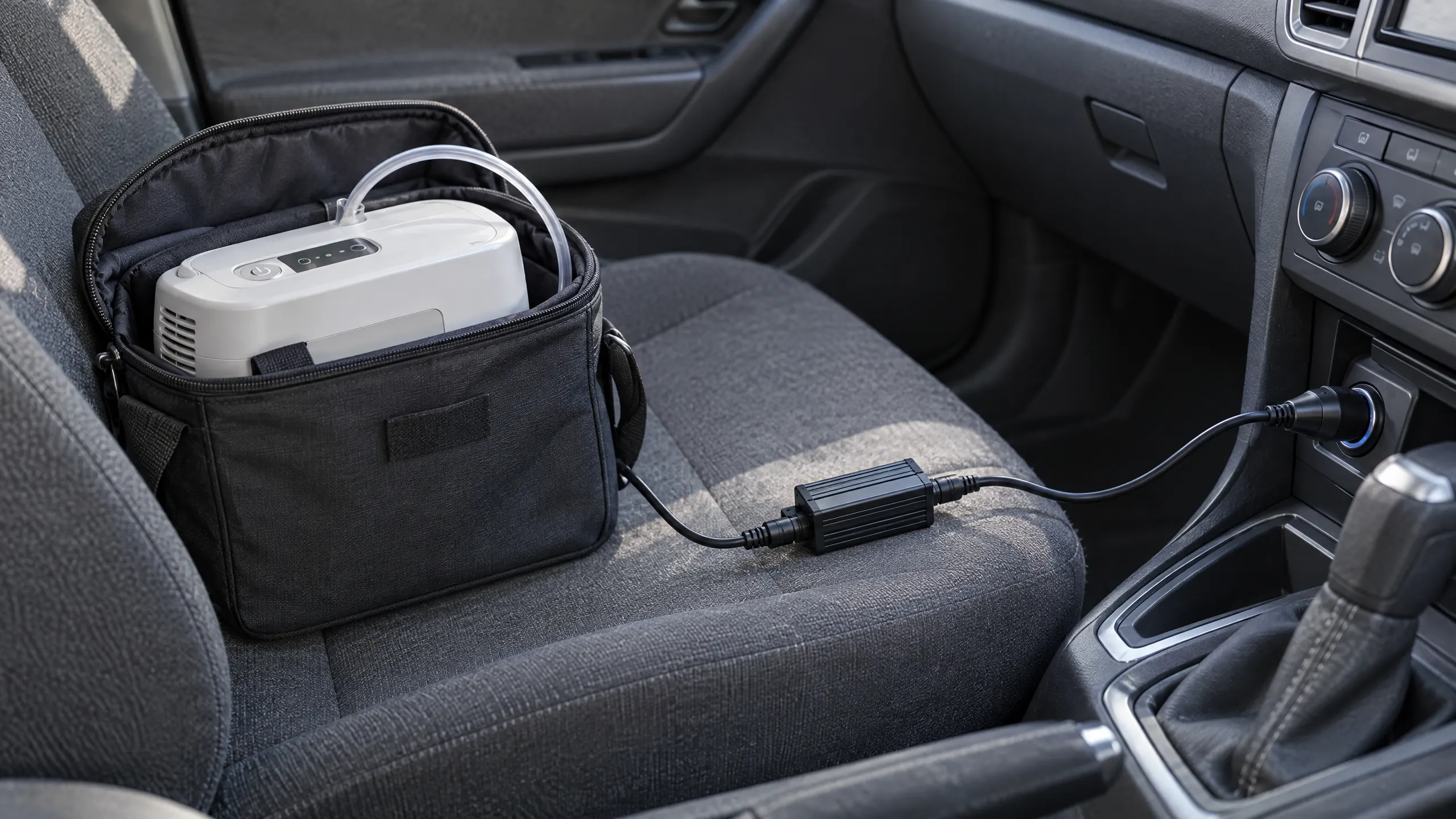Mobiles Gerät in einer Tasche auf dem Beifahrersitz, angeschlossen über einen Wandler an die Autosteckdose.