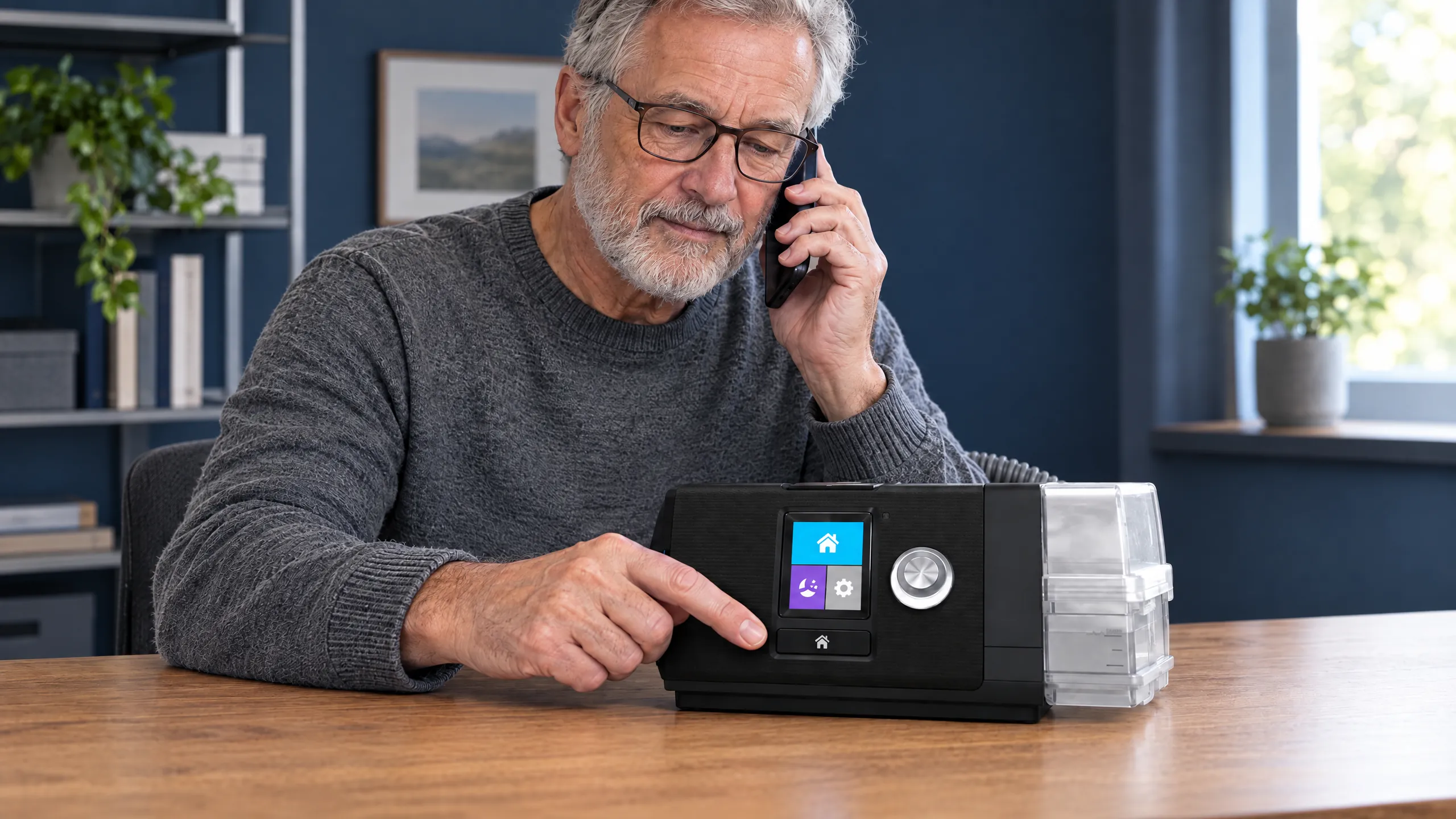 Mann mit Brille telefoniert und tippt dabei auf die Home-Taste seines CPAP-Geräts.