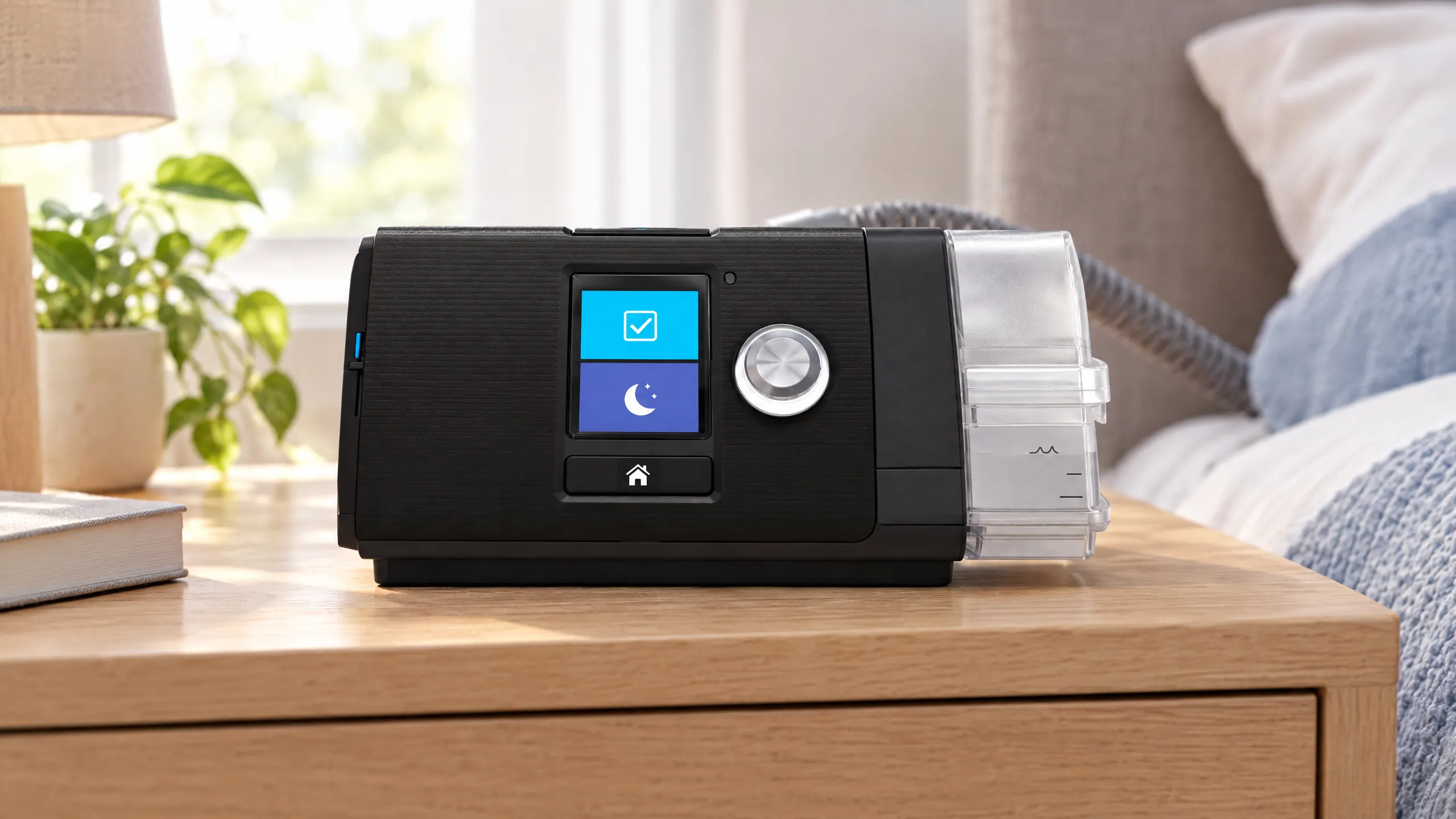 CPAP-Gerät mit Häkchen auf dem Display steht auf dem Nachttisch neben dem Bett.