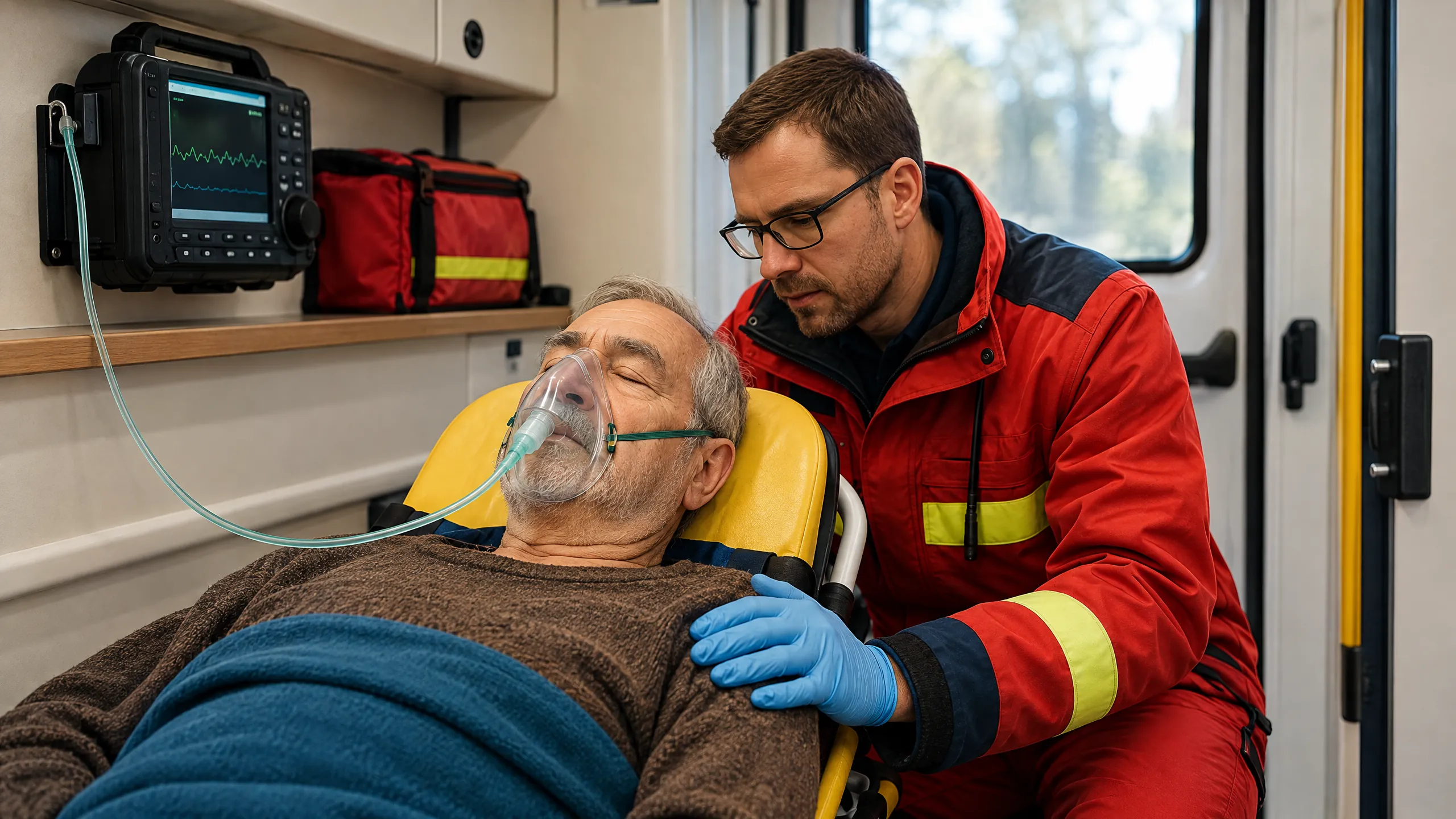 Notfallsanitäter versorgt im Rettungswagen einen älteren Patienten mit Sauerstoffmaske auf der Trage.