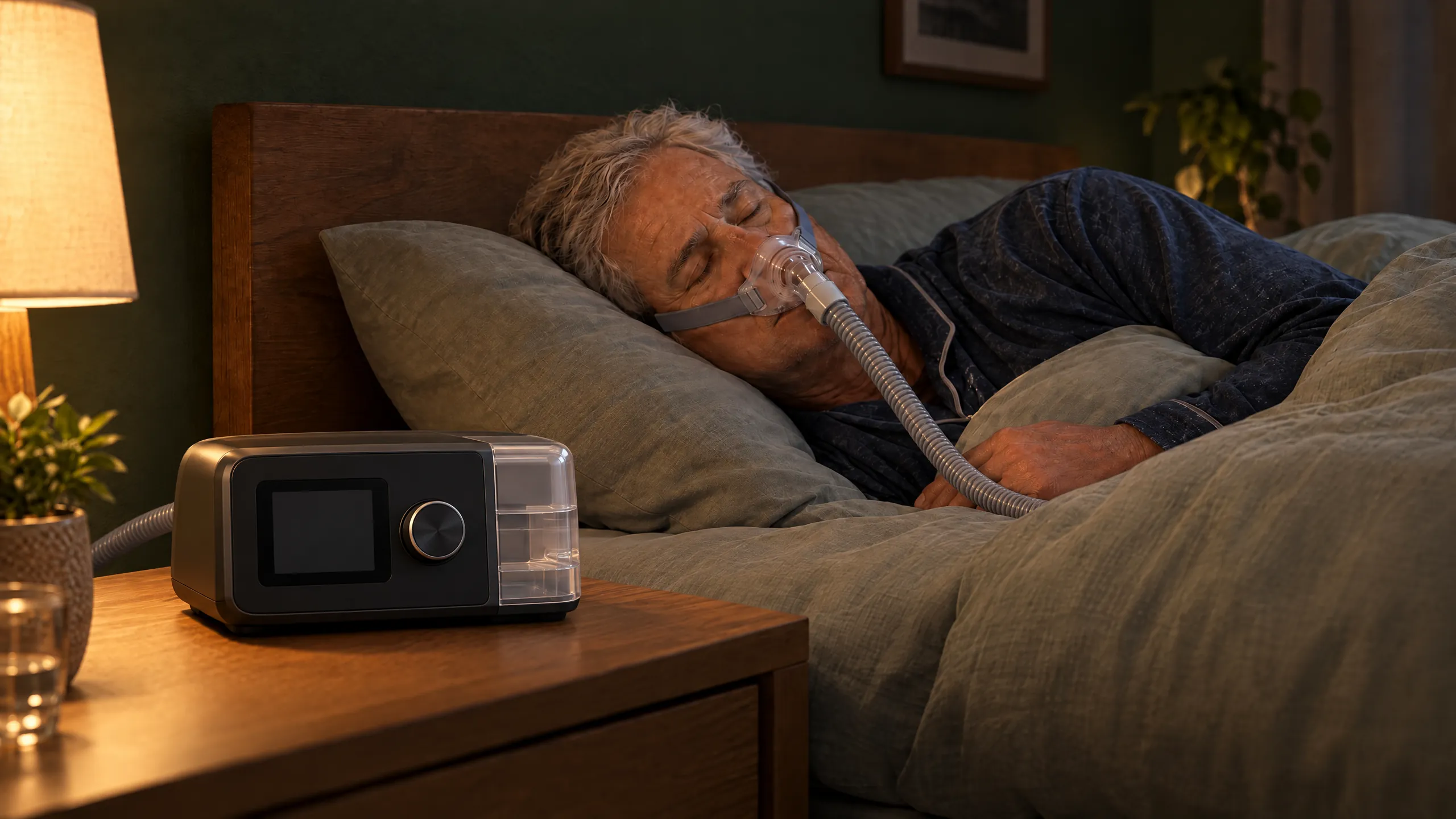 Mann schläft mit Mund-Nasen-Maske, der Schlauch führt zum CPAP-Gerät auf dem Nachttisch.