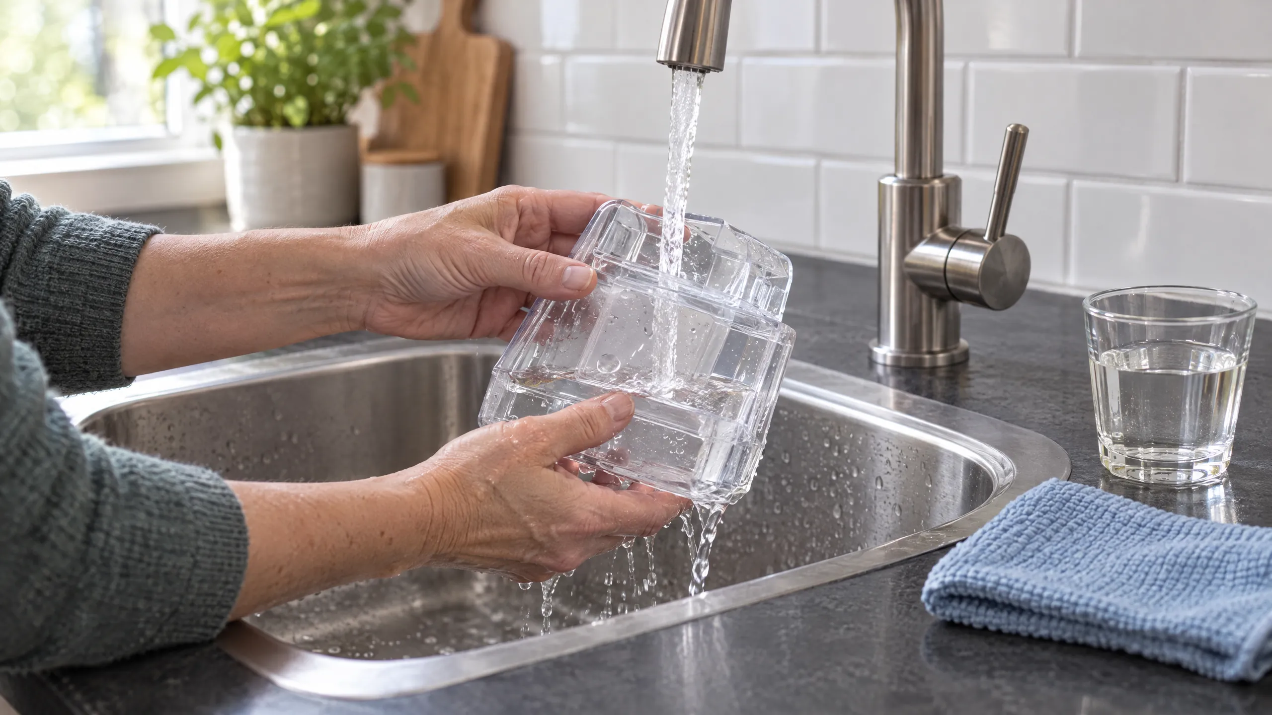 Hände spülen eine transparente Wasserkammer unter fließendem Wasser in der Küchenspüle aus.