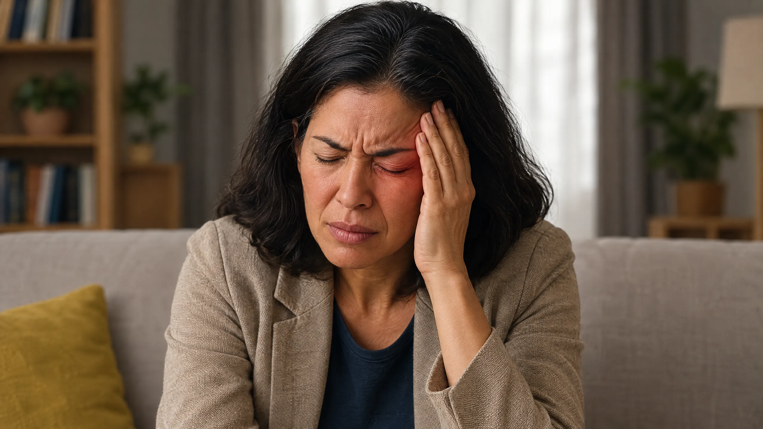 Frau sitzt auf dem Sofa und presst eine Hand auf Auge und Schläfe, ihr Gesicht zeigt starken Schmerz.
