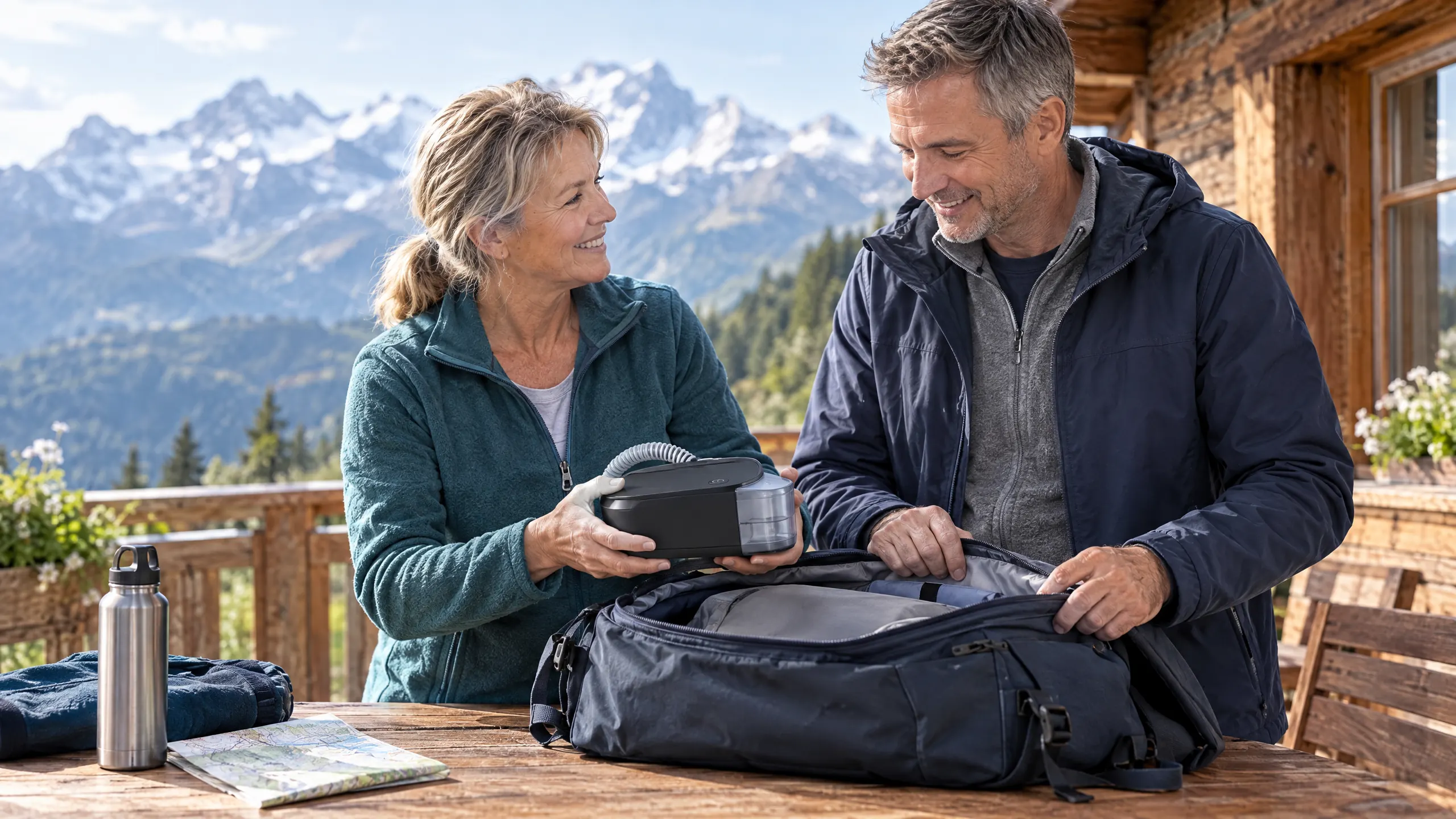 Paar packt auf einer Berghütten-Terrasse das CPAP-Gerät in eine Reisetasche, im Hintergrund schneebedeckte Gipfel.