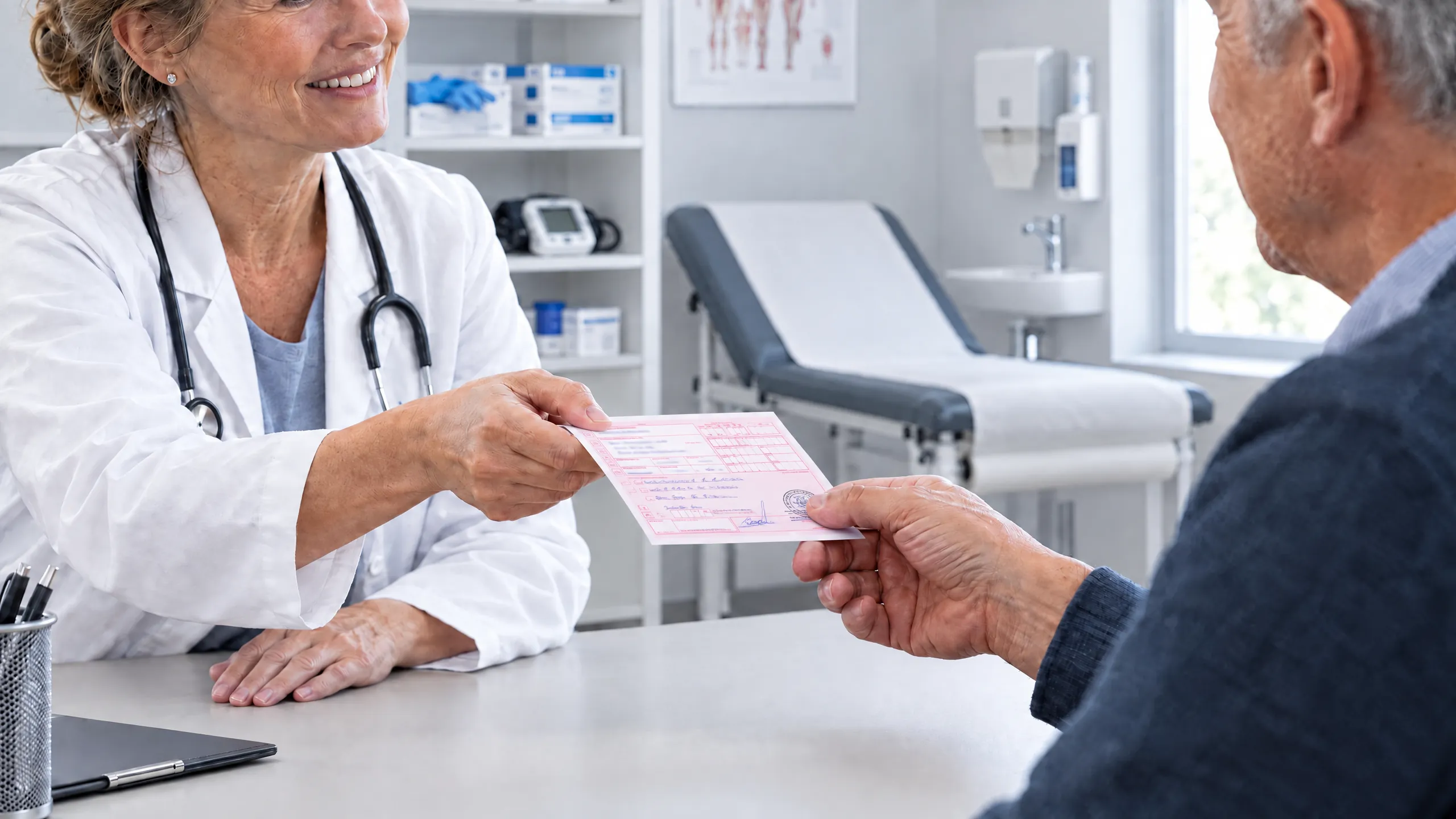 Ärztin überreicht einem Patienten im Sprechzimmer ein rosa Rezept.
