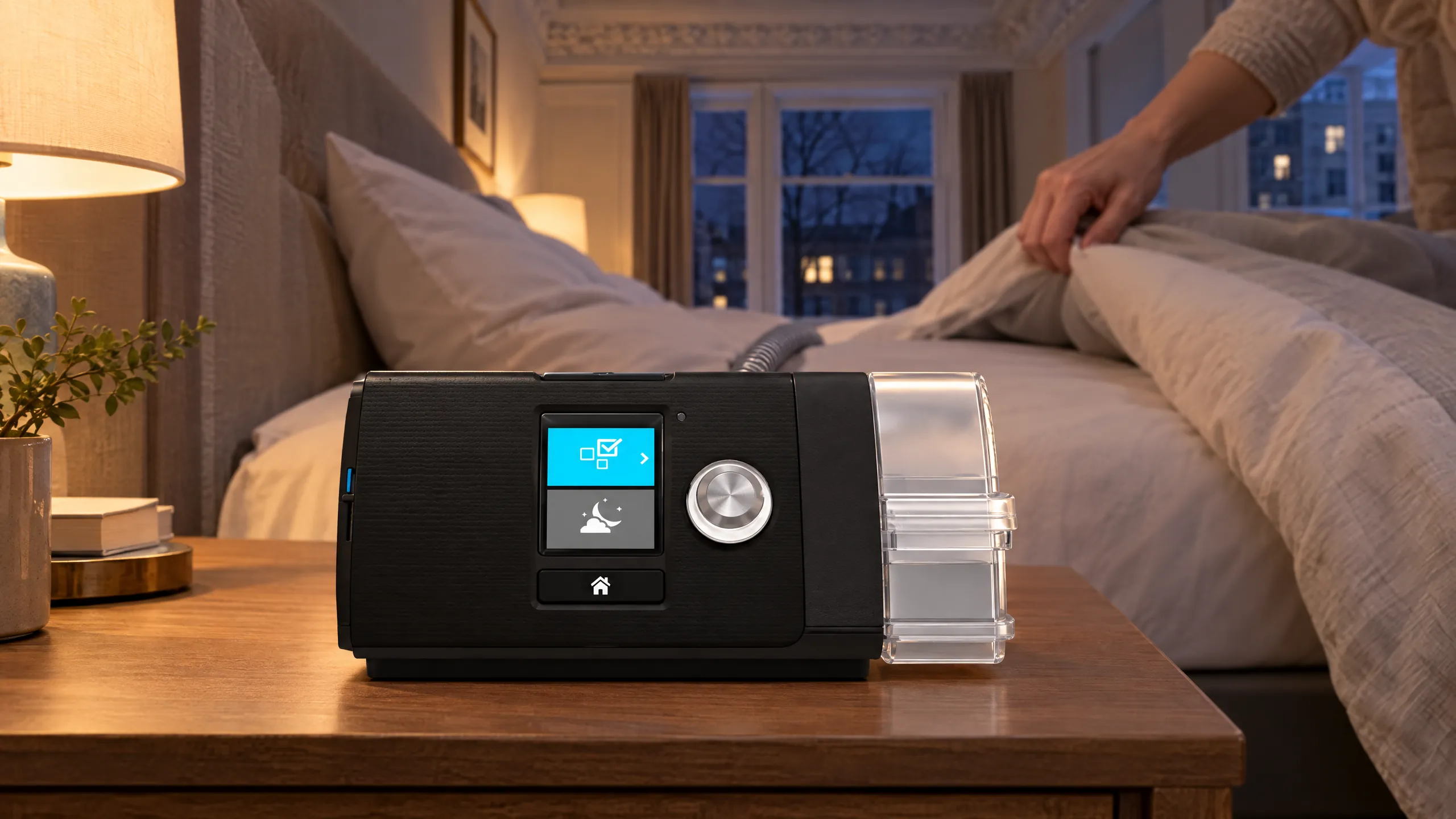 CPAP-Gerät auf dem Nachttisch, der Schlauch führt hinten zum Bett, wo eine Hand die Decke darüber zieht.