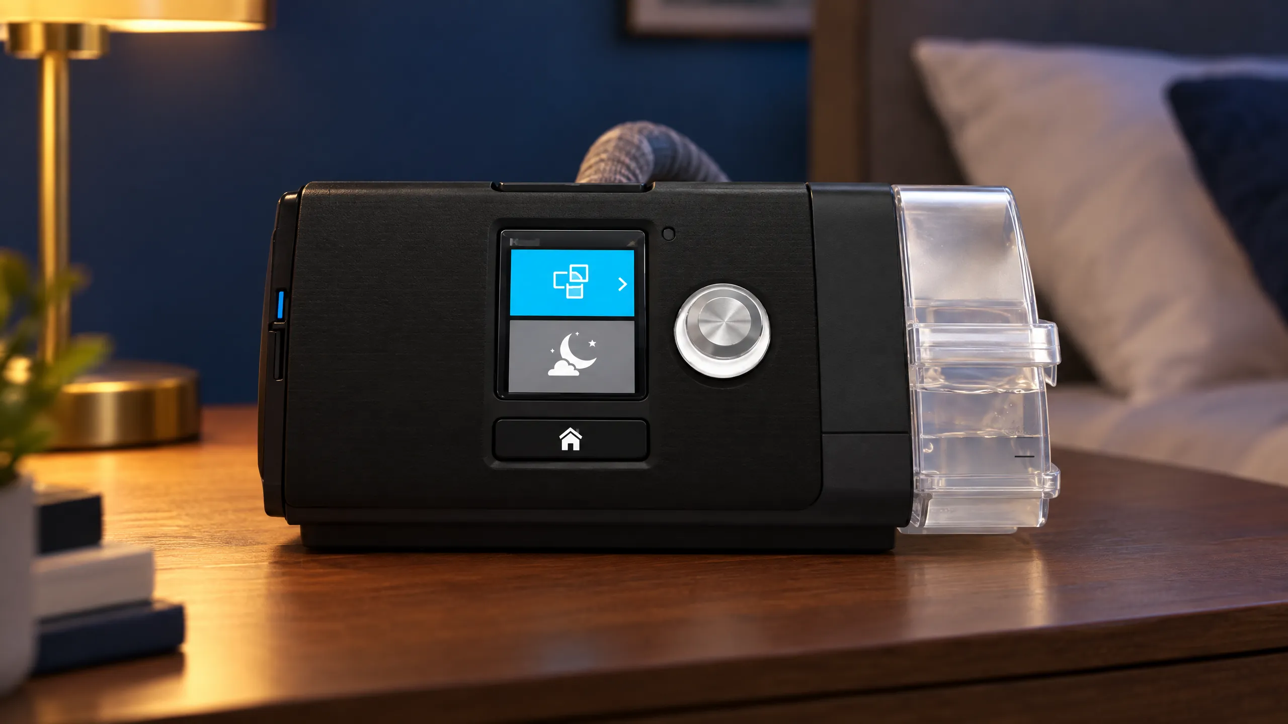 CPAP-Gerät mit transparenter Wasserkammer auf dem Nachttisch, der Schlauch führt hinten heraus.
