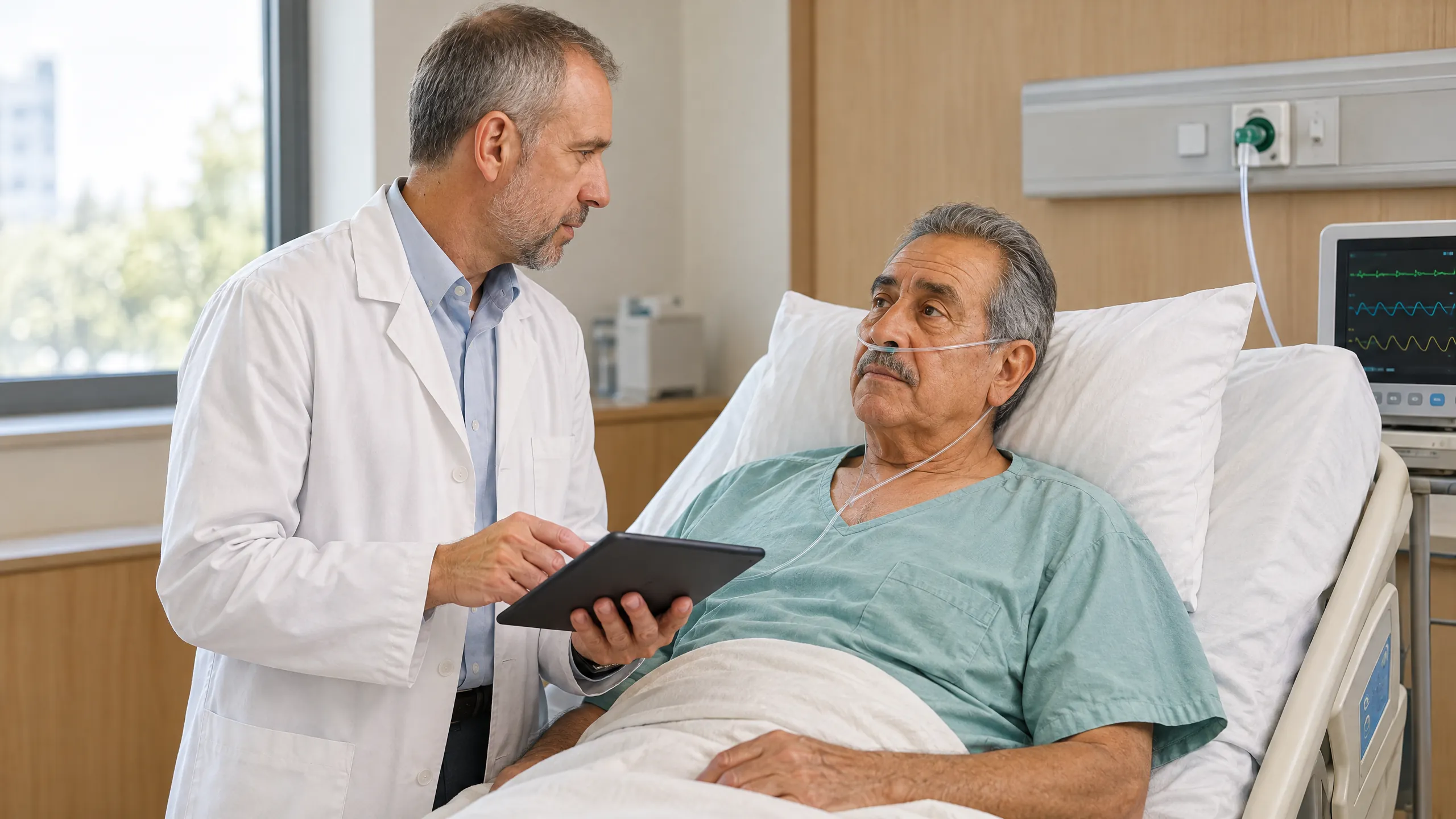 Arzt bespricht mit einem älteren Patienten im Krankenhausbett die Befunde auf einem Tablet, der Patient trägt eine Sauerstoffbrille.