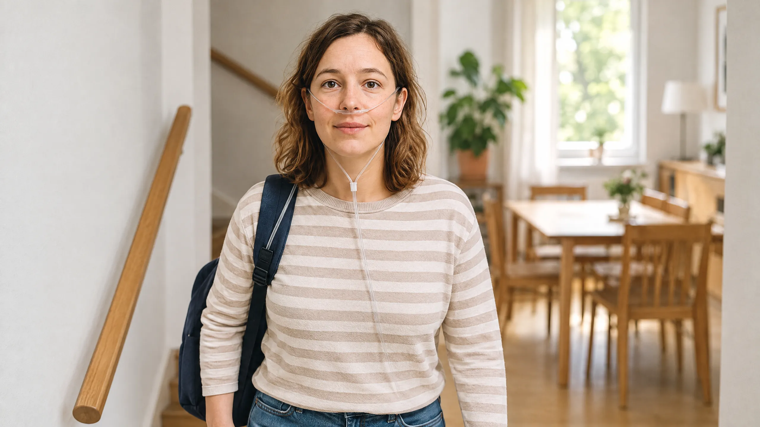 Junge Frau mit Sauerstoffbrille und Rucksack steht zuversichtlich in einer hellen Wohnung.