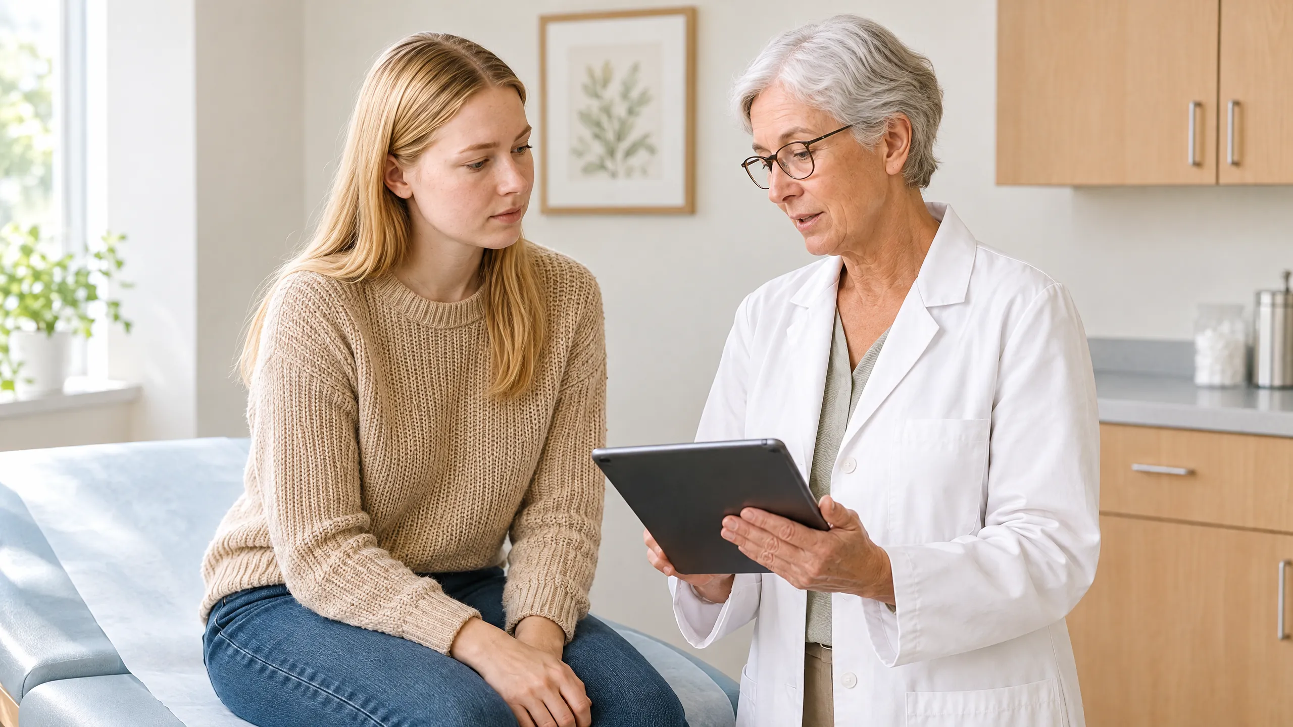 Ärztin bespricht mit einer jungen Patientin auf der Untersuchungsliege die Befunde auf einem Tablet.