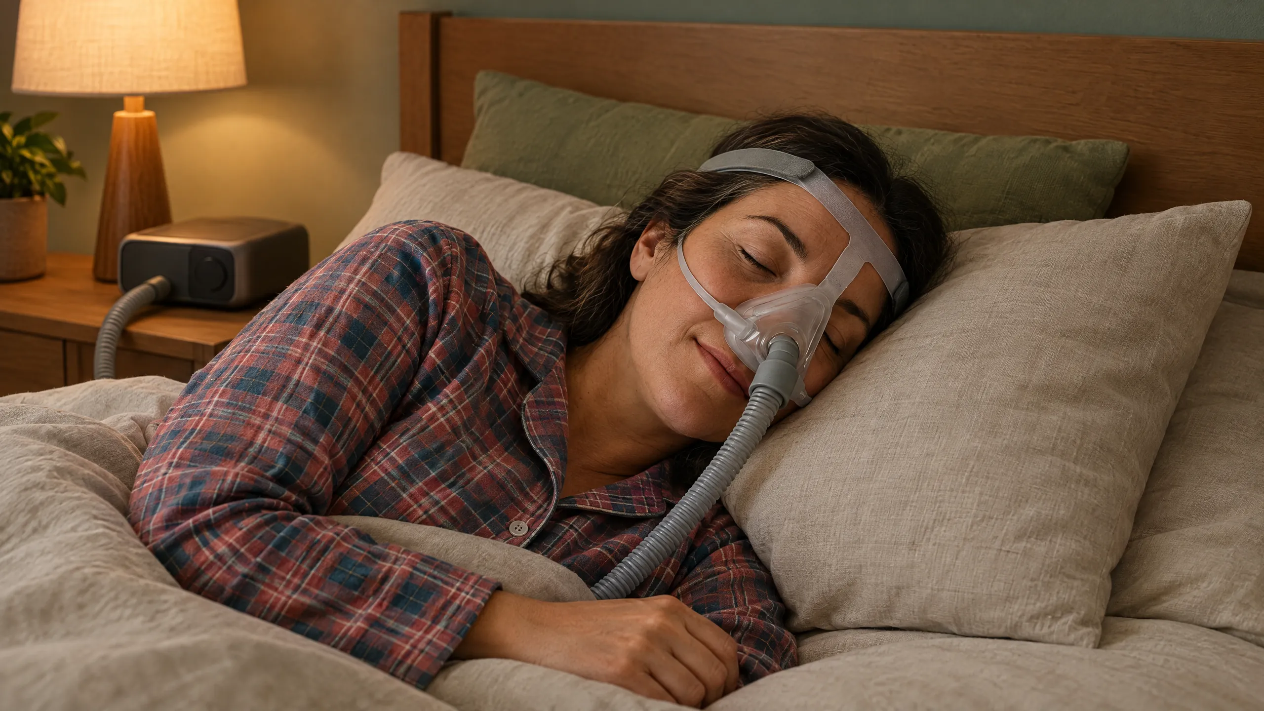Frau schläft ruhig im Bett und trägt eine CPAP-Nasenmaske, auf dem Nachttisch steht das Therapiegerät.