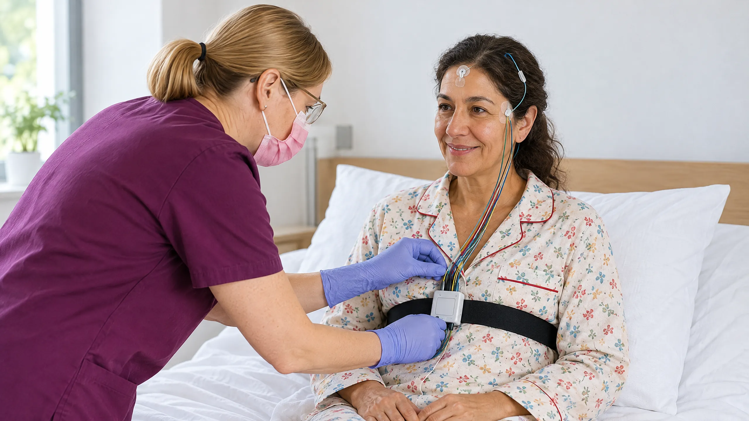 Pflegekraft bringt bei einer lächelnden Patientin im Schlaflabor Sensoren und ein Aufzeichnungsgerät am Brustgurt an.