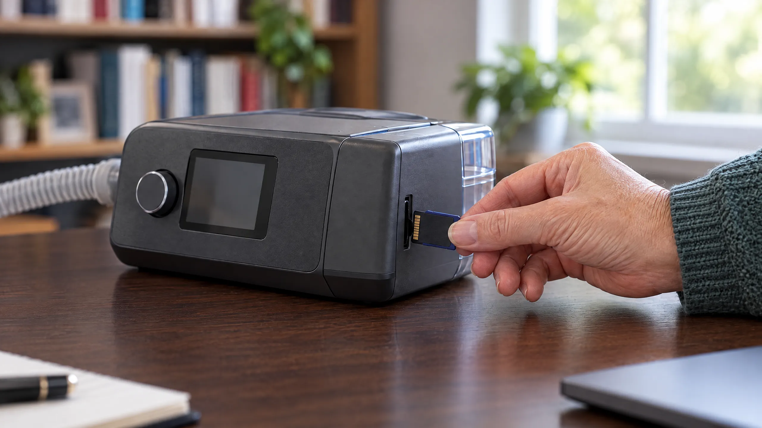Hand steckt eine SD-Karte seitlich in ein CPAP-Gerät auf dem Schreibtisch.