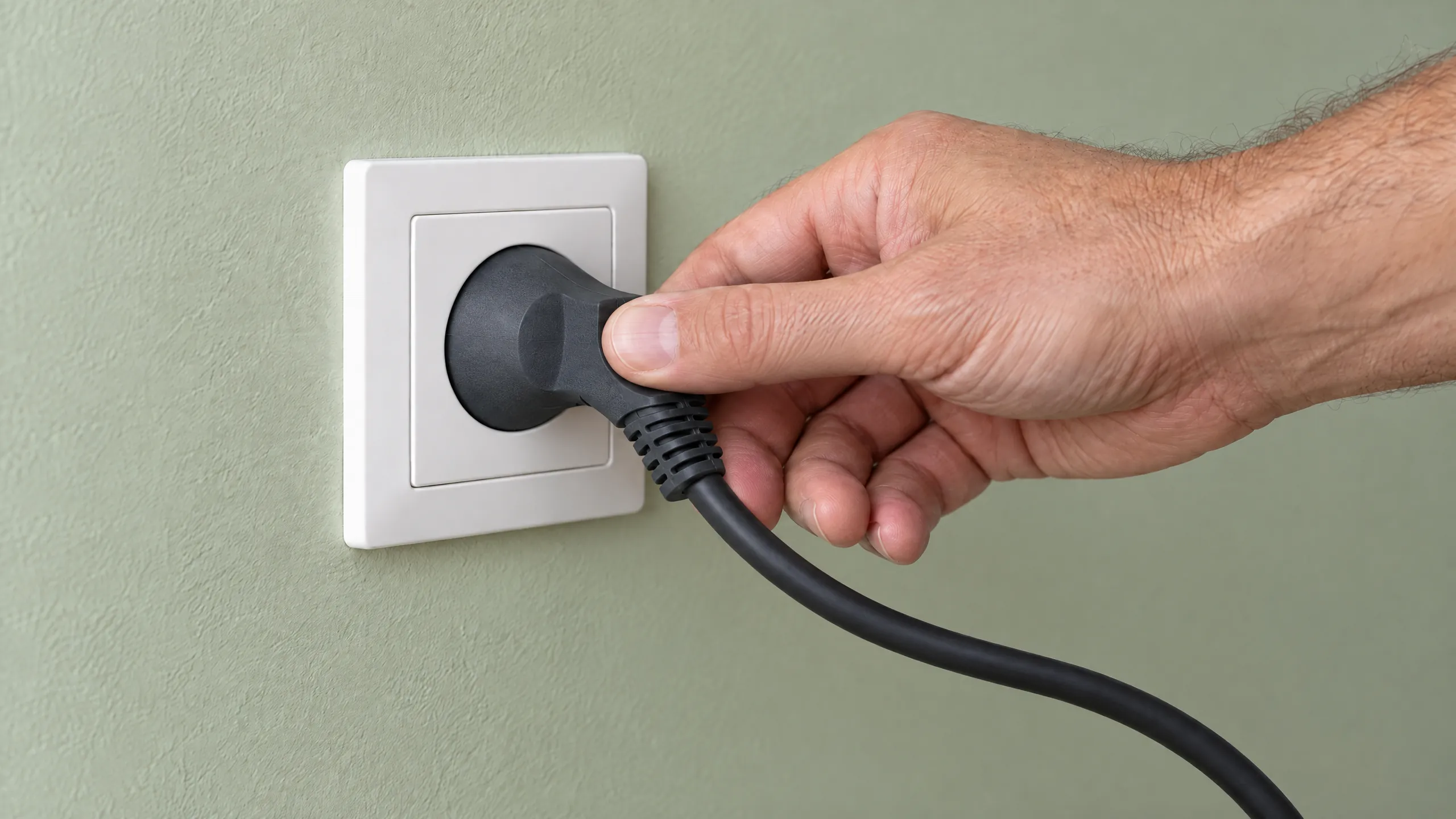 Hand steckt einen schwarzen Winkelstecker in eine weiße Steckdose an einer grünen Wand.