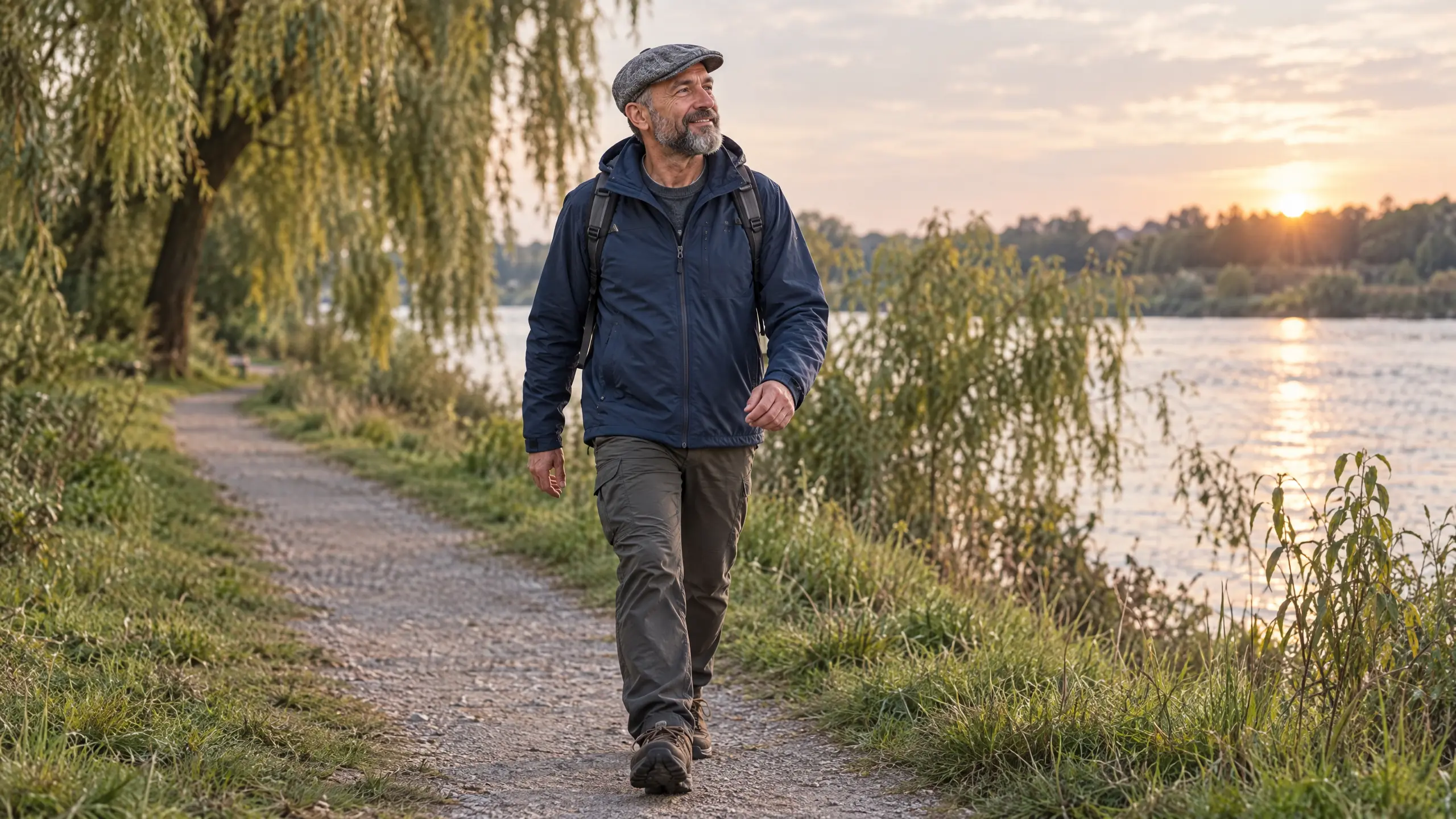 Mann mit Mütze und Rucksack spaziert bei Sonnenuntergang auf einem Uferweg.
