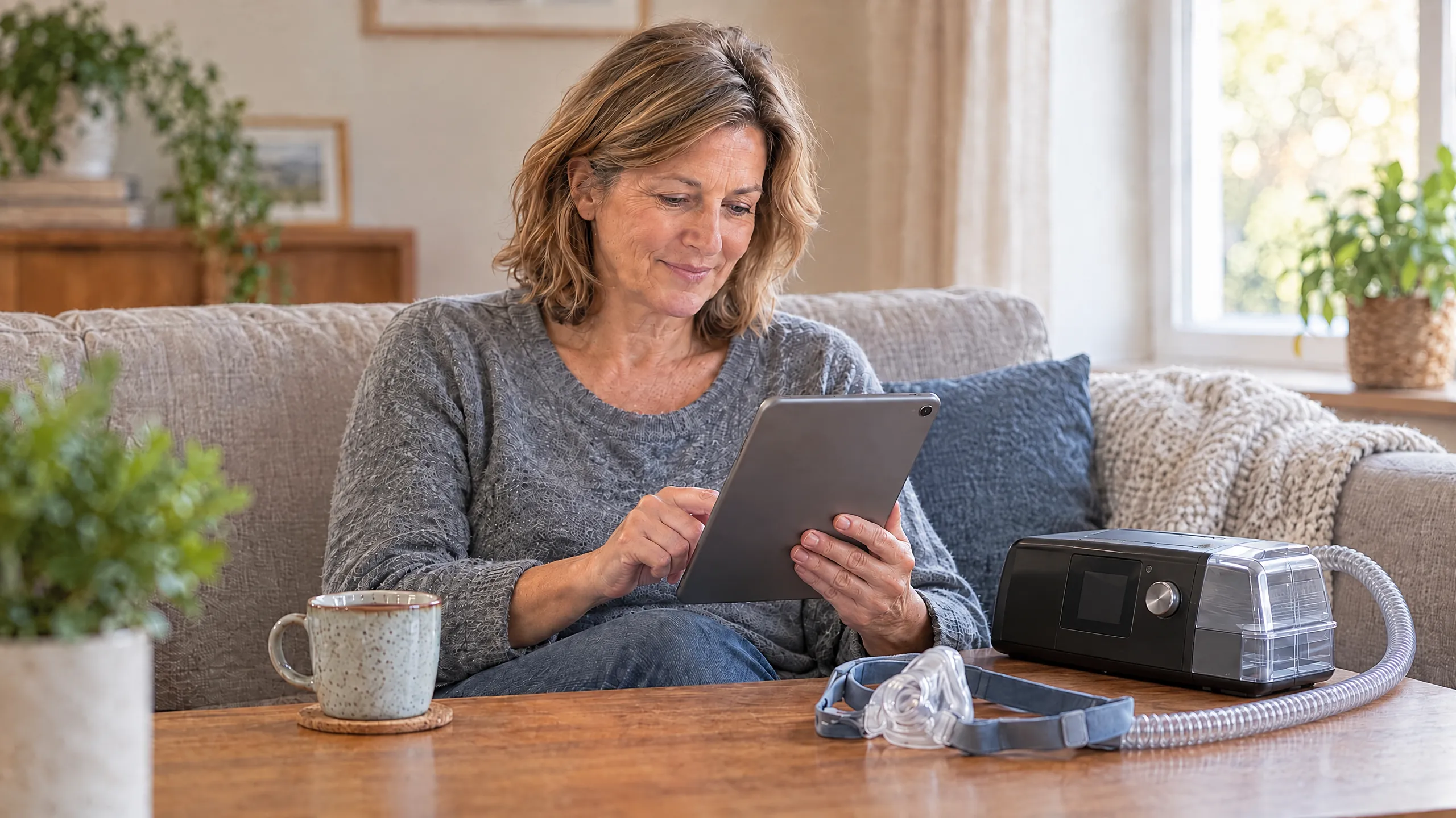 Frau informiert sich auf dem Sofa am Tablet, vor ihr stehen CPAP-Gerät und Maske auf dem Couchtisch.